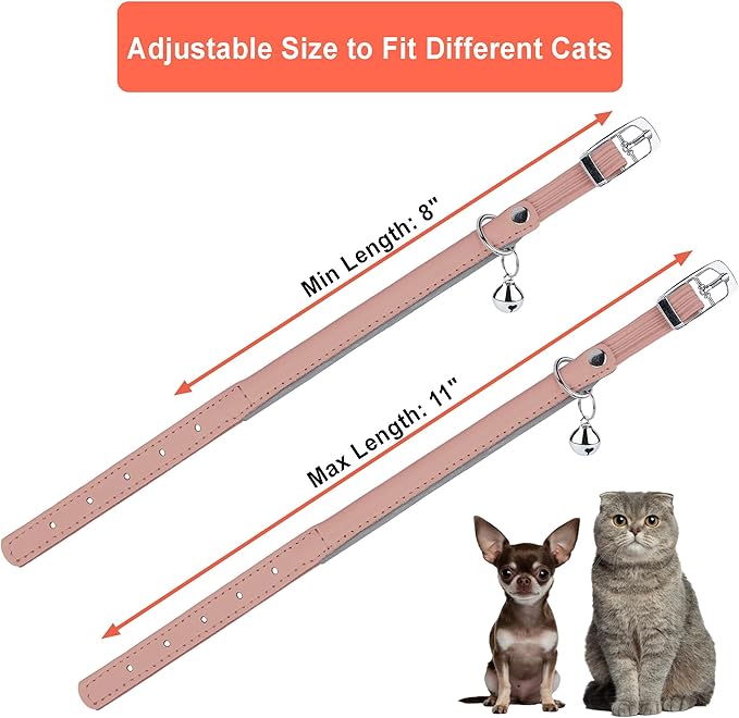 OOPSDOGGY Rolled Leather Cat Collar with Bell, Reflective Kitten Collars with Buckle Include Safety Elastic Strap - Adjustable Small Pet Collars for Boy Girl Cats (Blush)-Mewly Pet