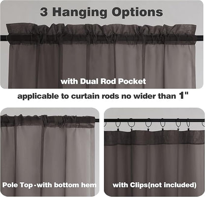 Chyhomenyc Sheer Curtains 36 inch Length 2 Panels, Light Filtering Voile Rod Pocket Short Window Sheer Curtians for Bathroom Living Room, 2PCS, Choclate Brown