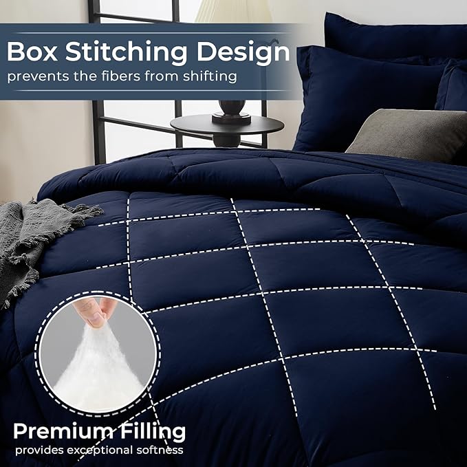 HEVUMYI Navy Blue Full Comforter Set - 7-Piece All Season Bed in a Bag Full, Ultra Soft Bedding Set with Comforter, Flat Sheet, Fitted Sheet, Pillowcases, Pillow Shams, Navy Blue