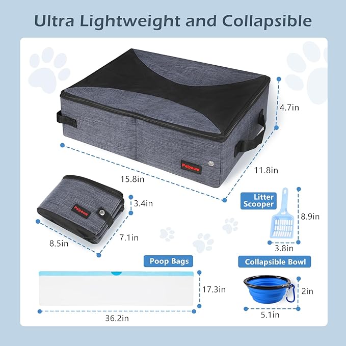 Portable Cat Travel Litter Box. Zipped Lid, Collapsible Litter Box for Cats. No Leakage, No Smell. Easy to Carry. Used for Hotels, Camping, Car (Gray,M)-Mewly Pet