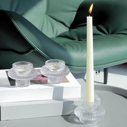 VOHO 12pcs Taper Candle Holders Ribbed Glass, Stylish Boho Candle Holder Stackable and Reversible for Candlesticks & Votive Candles, Clear Candle Sticks Holder Decor for Dining Table Centerpiece