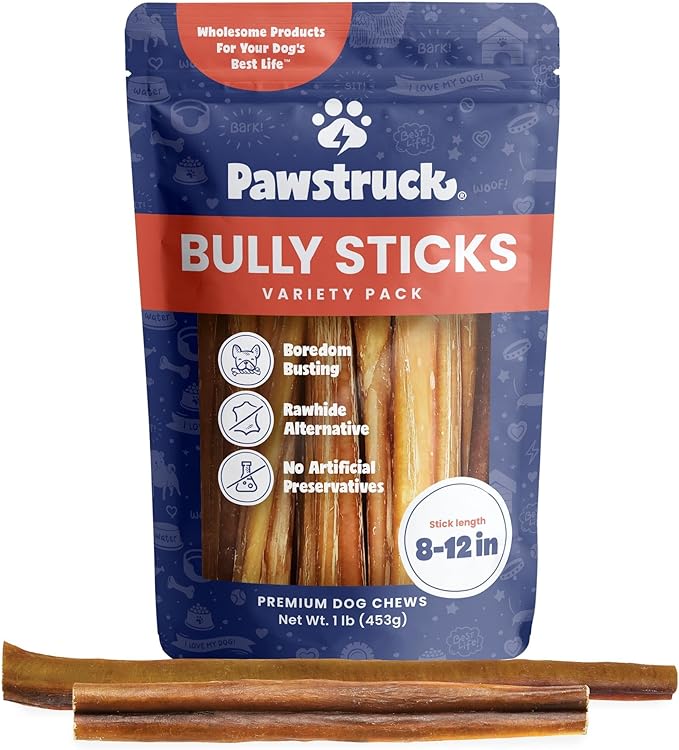 Pawstruck Natural 8–12" Bully Sticks for Dogs – Long-Lasting, Rawhide-Free, Low-Odor, Grain-Free Dental Chew Treat – Single Ingredient, 100% Real Beef – 1 lb Bag – Packaging May Vary-Mewly Pet