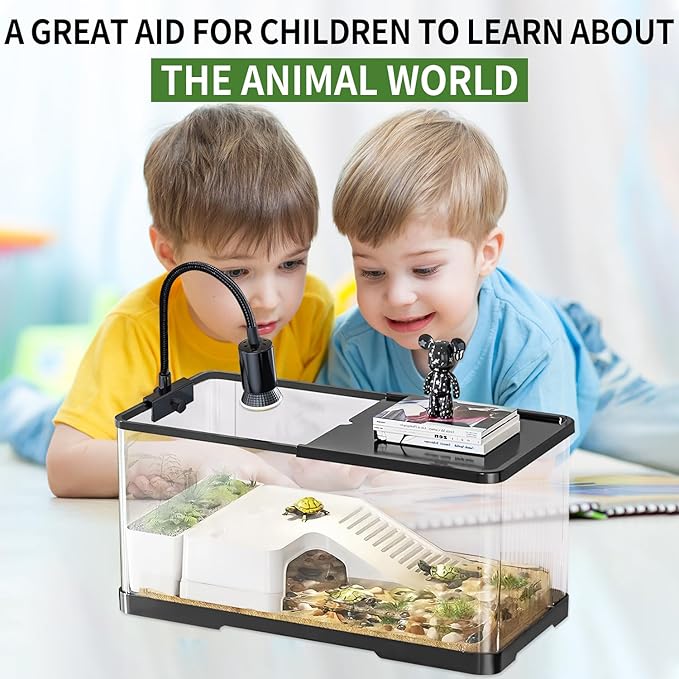 (Tank + Light + Filter + Filter Balls) Turtle Tank Kit, Turtle Tank Starter Kit,Bottom Drainage, Multi-Function Areas for Turtles, Crabs,Fishes, Amphibians,Reptiles.(15.75 x 8.64 x 8.64 Inch)-Mewly Pet