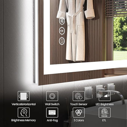 28"X36" LED Bathroom Mirror with Front Lights and Backlit, Anti-Fog, Dimmable, Shatter-Proof Tempered Glass, Lighted Bathroom Vanity Mirror for Wall with 3 Colors, Memory Function