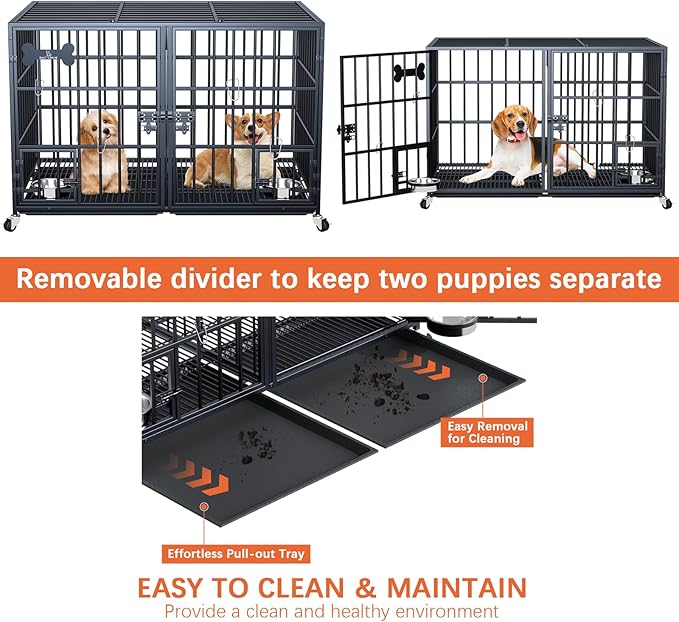 aboxoo 42/48 inch Heavy Duty Metal Dog Crate for 2 Dogs/Large Dog,All Metal Open Top Stackable,Dog Kennel Indoor with Wheels,Floor Grid, Tray, Divider and Feeding Bowl-Mewly Pet