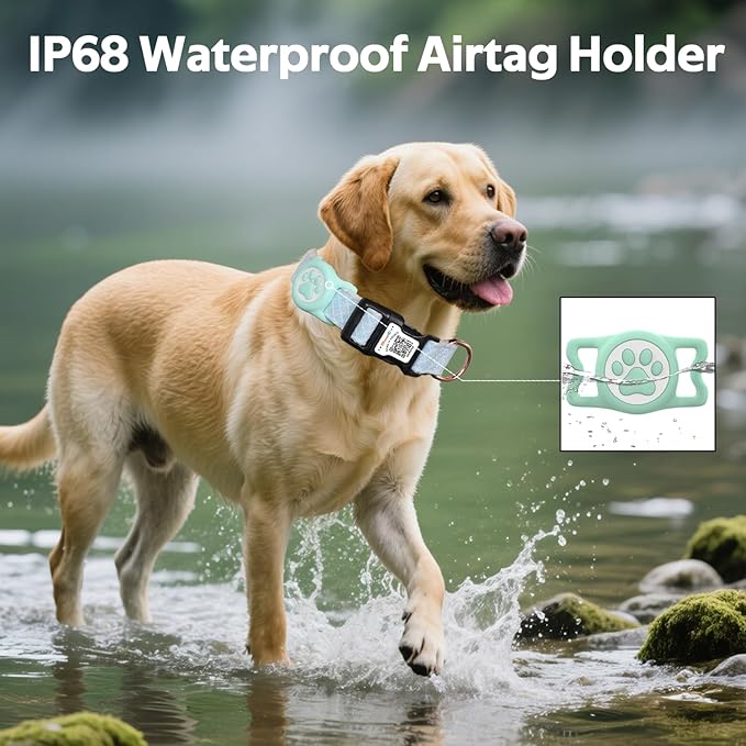 Dog Collar with Waterproof AirTag Holder & Anti-Lost QR Code, Cute Bling Warpping Adjustable Width for Small Medium Large Pet (Light Blue, L)-Mewly Pet