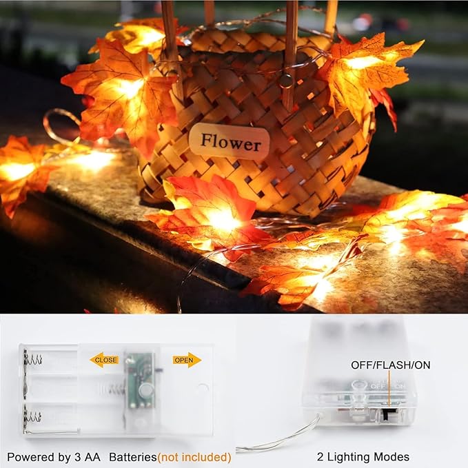 Fall Decor Multicolored Maple Leaf Lights, 10Ft 20LED Lights Battery Operated Fall Leaves Garland with Light Door Light String Home Decor Indoor Outdoor Halloween Thanksgiving Decorations