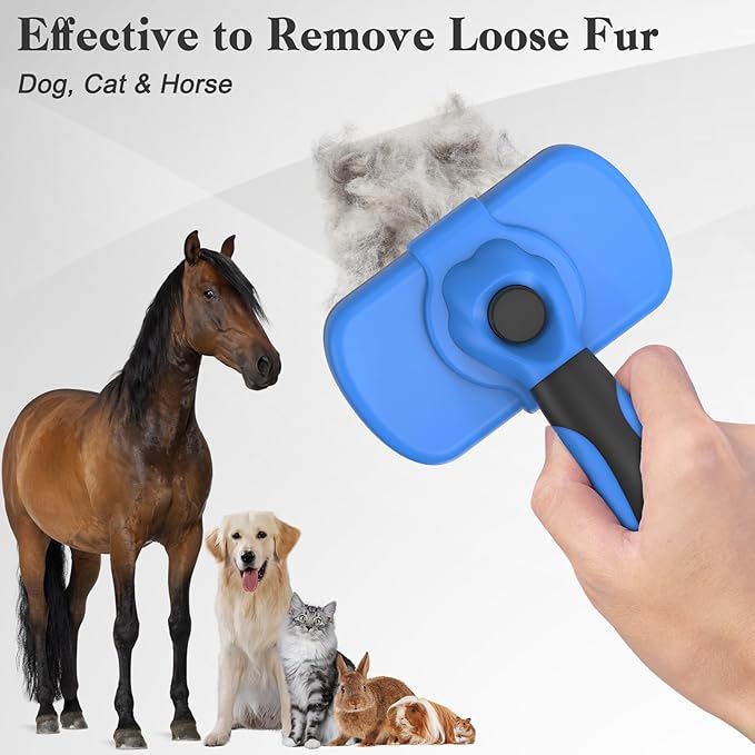 Self-Cleaning Brush for Pet Deshedding - Skin-Friendly Grooming Tool for Dogs and Cats, Blue-Mewly Pet