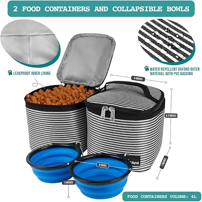 PetAmi Dog Travel Bag Backpack, Airline Approved Dog Bags for Traveling, Puppy Diaper Bag Supplies, Pet Camping Essentials Hiking Accessories Dog Gift, Food Container, Collapsible Bowls, Stripe Black-Mewly Pet