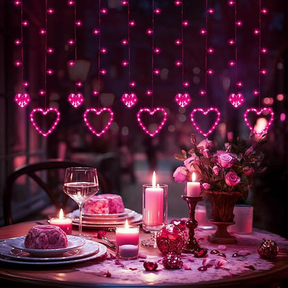 Valentines Day Decor, Pink Love Heart String Lights for Bedroom, 12 Hearts 138 LED Fairy Twinkle Lights with Remote, 8 Lighting Modes Connectable Window Lights for Valentine's Day Wedding Home Decor