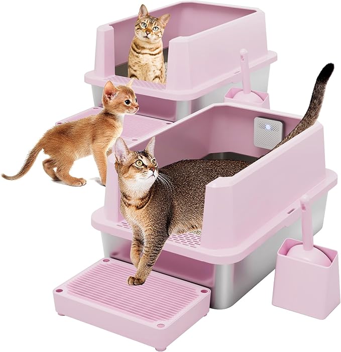 RIZZARI Stainless Steel Cat Litter Box, Semi-Closed Litter Box with High Edges, Large Odorless Litter Pan with for Small to Large Cats (Pink with Deodorizer, 2 Pack)-Mewly Pet
