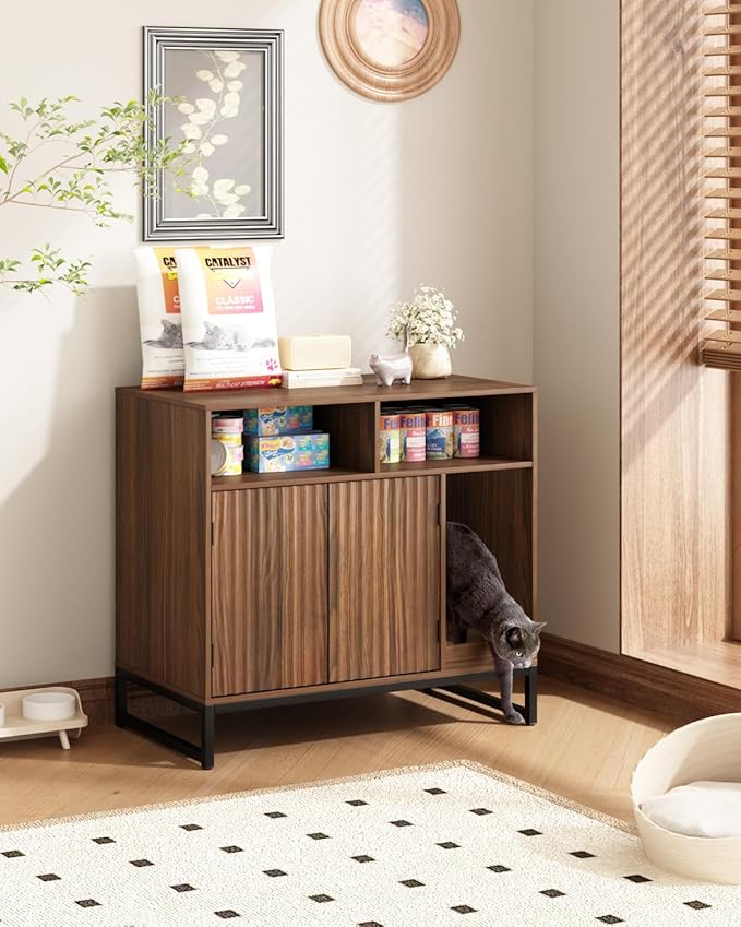 Cat Litter Box Enclosure, Large Hidden Pet Storage Cabinet Furniture with Waveform Fluted Doors & Scratching Pad, Modern Wooden Cat House Indoor for Washroom, Living Room, Bedroom, Rustic Brown-Mewly Pet