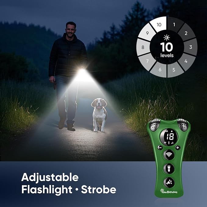 Adjustable Ultrasonic Dog Trainer – World's 1st Variable Frequency Pet Behavior Corrector with 10 Level Ultra Sound, 18 Dog Whistles, Anti-Bark Strobe Light, Humane Deterrent (Dark Green)