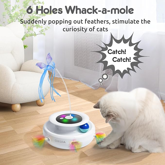 ORSDA Cat Toy, 3-in-1 Automatic Interactive Electronic Moving Ambush Feather, Fluttering Butterfly, Track Balls, USB Rechargeable Powered Smart Indoor Exercise Kicker-Mewly Pet
