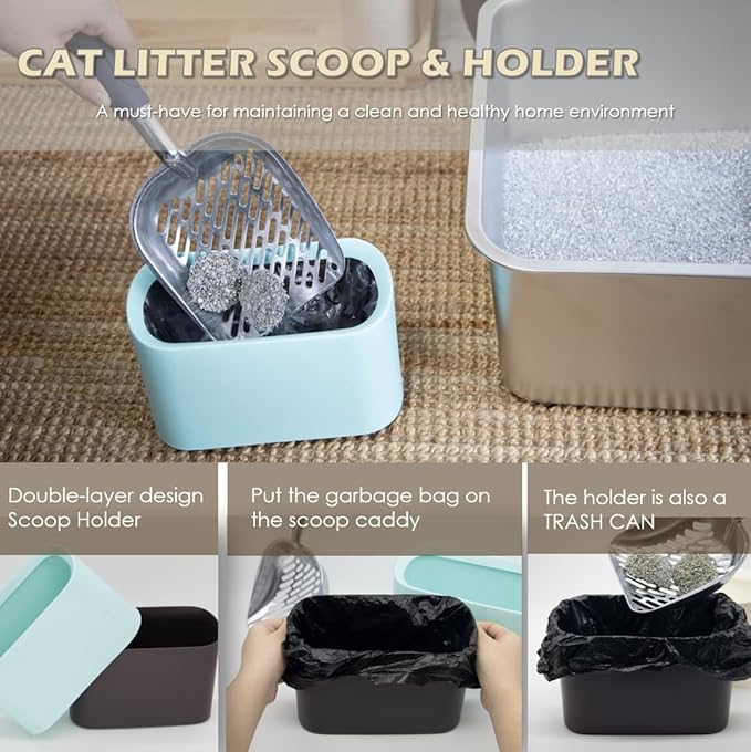 Aluminum Cat Litter Scoop in Holder, Non-Stick Cat Poop Scooper with Holder, Fast Sifting Kitten Poop Lifter and Caddy (Blue)-Mewly Pet