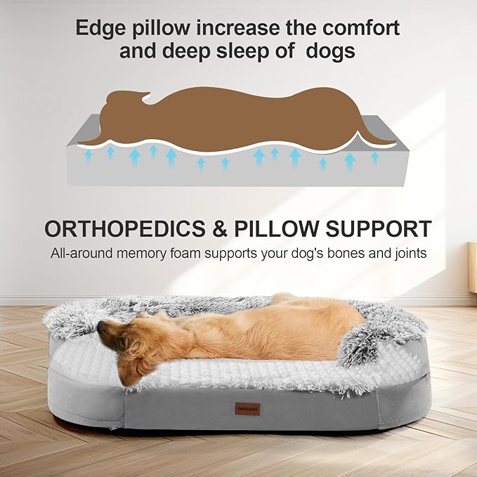 3.7 inch Thickened Orthopedic Dog Beds for Extra Large Dogs, Supportive Dog Sofa Bed with 28D Egg-Crate Foam, Removable Washable Cover, Waterproof Lining, Half-Round Design for Puppy,Senior,Sick-Mewly Pet
