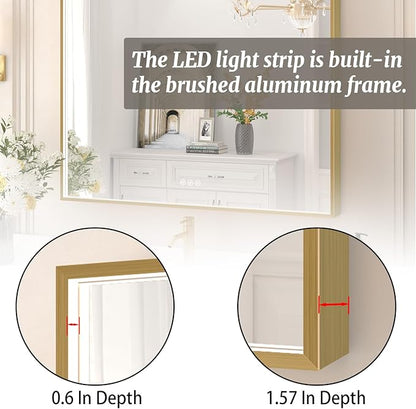 36x36 Inch LED Bathroom Mirror, Gold Metal Framed Lighted Mirror for Bathroom, Wall Mouted LED Vanity Mirror with Lights, 3 Colors and Stepless Dimmable, Anti-Fog, Memory