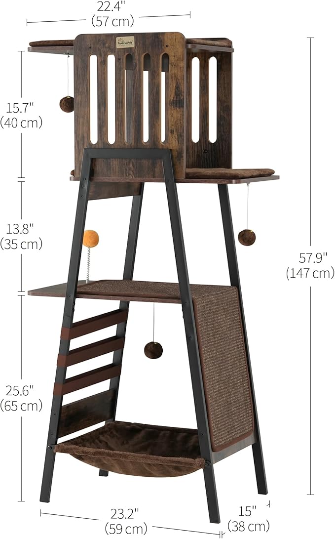 FourFurPets Modern Cat Tree, 58-Inch Cat Tower for Large Cats, Maine Coon Cat Tree with Scratching Board, Large Perch, Hammock and Removable Pads, Rustic Brown-Mewly Pet