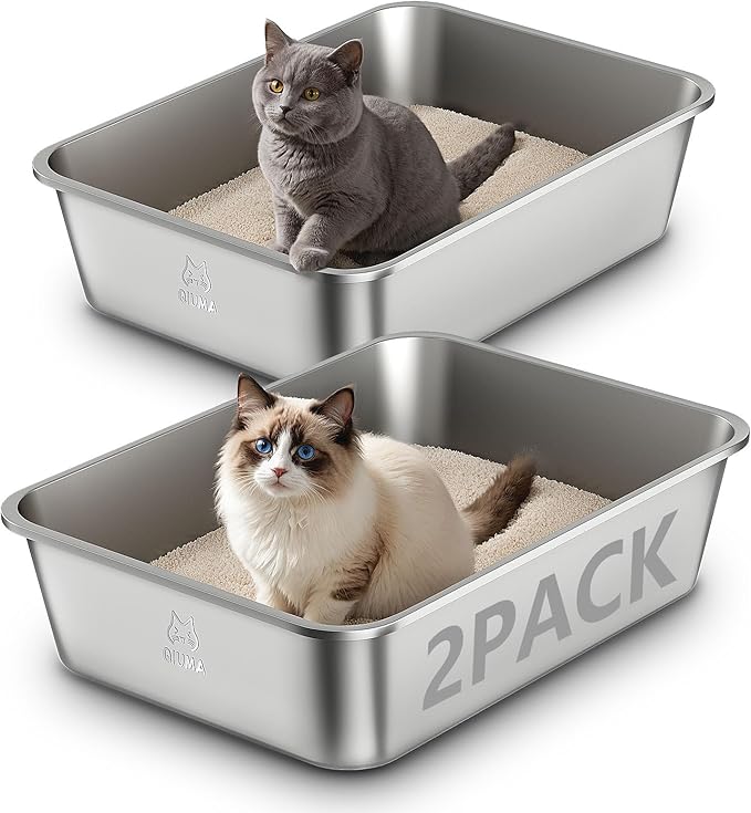 2 Pack Stainless Steel Cat Litter Box, 19.5" L×13.6" W×5.9" H, Metal Kitty Litter Box with High Sided for Big and Small Catss, Non-Stick, Easy to Clean, Odor-Free-Mewly Pet