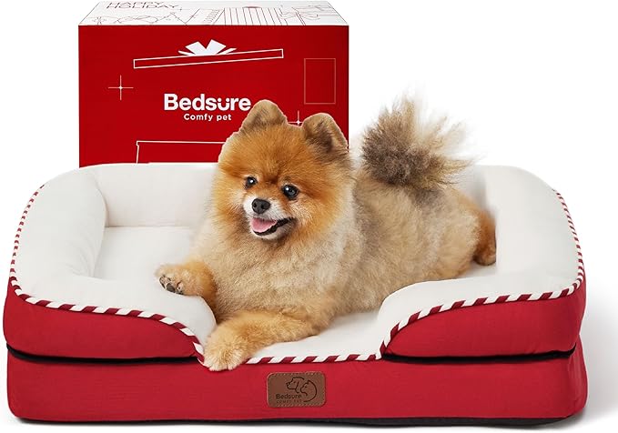 Bedsure Orthopedic Dog Beds for Small Dogs - Washable Small Dog Cat Bed Waterproof, Comfort Pet Couch Sofa with Washable Removable Cover, Pets Bed with Nonskid Bottom, Red, 24"-Mewly Pet