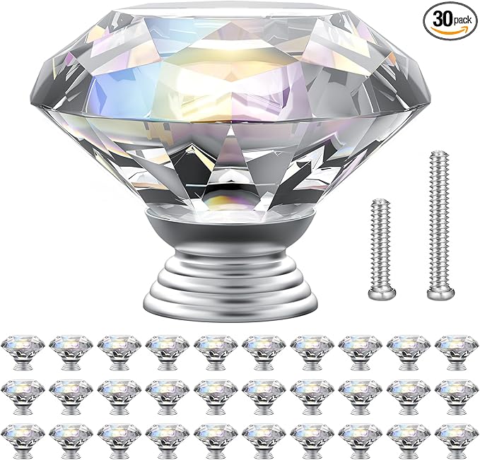 POZEAN Crystal Cabinet Knobs 30Pack, 1.57inch Dresser Knobs for Cabinet, Drawer with Two Different Sizes Screws, Diamond Glass Pulls Handles (40mm, 30Pack, Clear-Silver)