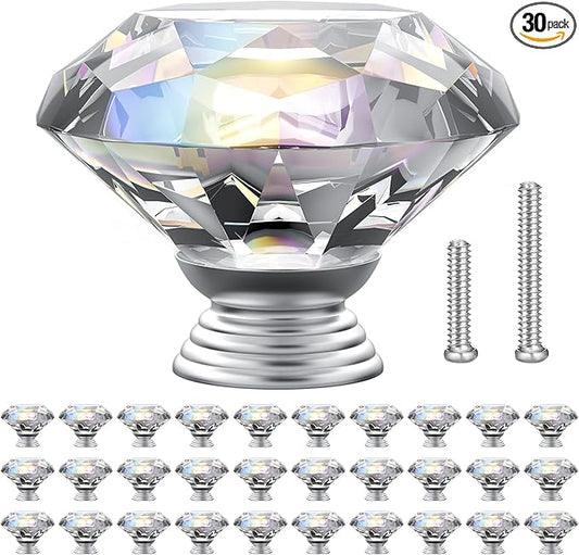 POZEAN Crystal Cabinet Knobs 30Pack, 1.57inch Dresser Knobs for Cabinet, Drawer with Two Different Sizes Screws, Diamond Glass Pulls Handles (40mm, 30Pack, Clear-Silver)