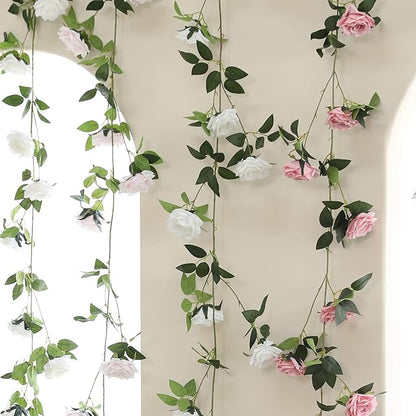 2 Strands 73'' Artificial Silk Rose Flower Vines Garland, Fake Pink Roses Floral Green Leaves Hanging Plant for Wedding Arrangement Decoration, Wall, Party, Bedroom, Home Decor (Pink)