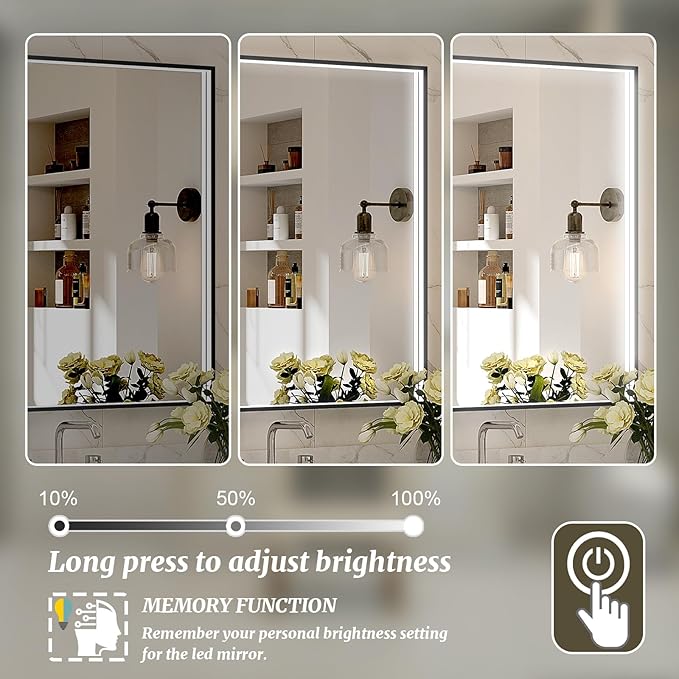 48x28 Inch LED Bathroom Mirror, Black Metal Framed Lighted Mirror for Bathroom, Wall Mouted LED Vanity Mirror with Lights, 3 Colors and Stepless Dimmable, Anti-Fog, Memory