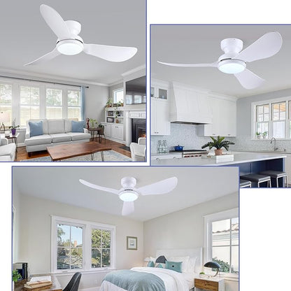 46 Inch Modern Ceiling Fans with Lights, Flush Mount Ceiling Fan with Remote/APP Control, 3 Reversible Curved Blades, 6 Speeds, 3 CCT, Dimmable Lights for Kids Room Bedroom, White