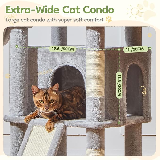 Taoqimiao 72 Inches Cat Tree for Large Cats, Multi-Level Tall Cat Tower, Widened Cat Condo with Large Scratch Board, 5 Scratching Posts, Metal Hammcock, Cozy Basket, Light Gray, MS045W-Mewly Pet