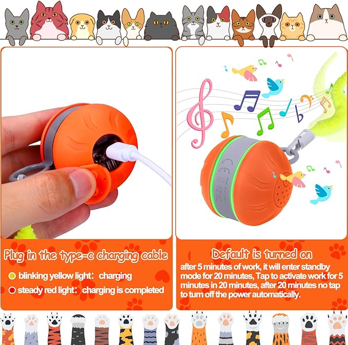 AIERSA Interactive Cat Toys for Indoor Adult Cats, Automatic Self-Play Cat Ball Toy for Kitten to Keep Them Busy, Electric Moving Chase Toy (Orange)-Mewly Pet