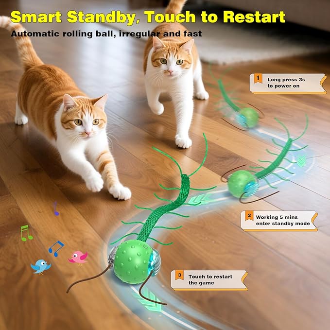 Interactive Cat Toys for Indoor Cats, Moving Cat Ball with Tail, Fast Rolling on Carpet, Chirping & Motion Activate Toy for Bored Indoor Adult Cats-Mewly Pet