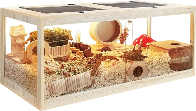 Prolee Hamster Cage with Lock Design,Large Hamster Enclosure with Openable Metal Mesh Top,Wooden Chewproof Gerbil Cage for Hedgehog Mouse Gerbil (48"x20"x20")-Mewly Pet