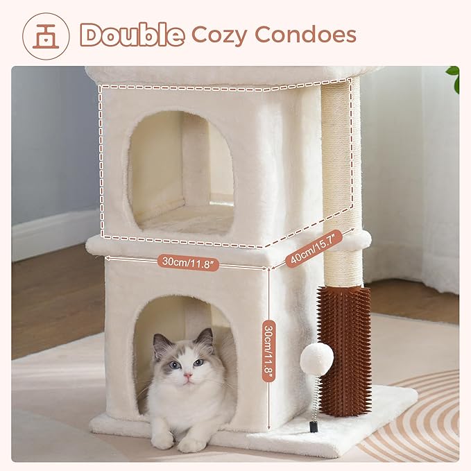 Cat Tree with Large Top Bed 17.7x15.7” Small Cat Tower with Dual Condos,28” Fully Scratching Post and Self Groomer for Indoor Cats-Beige-Mewly Pet
