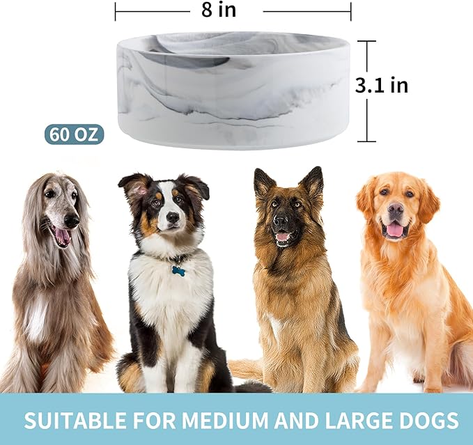 Dog Bowl Ceramic for Medium Large Breed, Heavy Weighted Dog Food Water Feeder Dish,8 in Non - Slip Modern Cute Extra Big Porcelain Pet Bowl Maze Marble Grey-Mewly Pet
