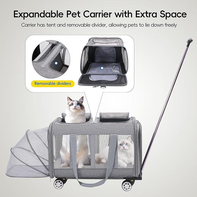 Expandable Pet Carrier with Wheels, Double Cat Dog Carrier 21"x 17"x 16" up to 40 Lbs, Rolling Pet Carrier for Cats and Dogs, Extra Large Pet Travel Carrier, Ideal for Outdoor/Travel-Mewly Pet