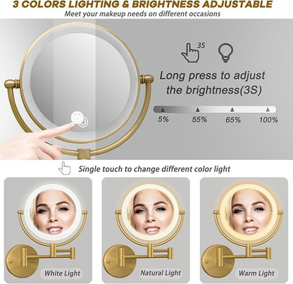 Make up Mirror Wall Mounted Lighted 10X Magnifying Hard Wired, Double Sides 3 Color Lighting Touch Dimming, 360 Swivel Extended Arm Shaving Light up Mirror for Bathroom, Antique Brass