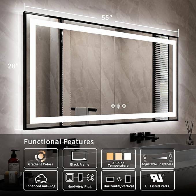 Bathroom Mirrors with Lights, 55x28 Inch Black Framed Gradient Front and Backlit LED Vanity Mirror, 3 Colors Dimmable CRI>90, IP54 Enhanced Anti-Fog Smart Mirror