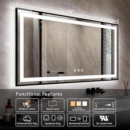 Bathroom Mirrors with Lights, 55x28 Inch Black Framed Gradient Front and Backlit LED Vanity Mirror, 3 Colors Dimmable CRI>90, IP54 Enhanced Anti-Fog Smart Mirror