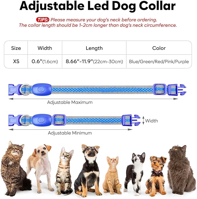 Flashseen LED Cat Collar,Light Up Dog Collar Rechargeable, Dog Lights for Night Walking, Comfortable Soft Mesh Pet Collar Adjustable for Cats Puppy and Small Dogs(Blue, XS)-Mewly Pet