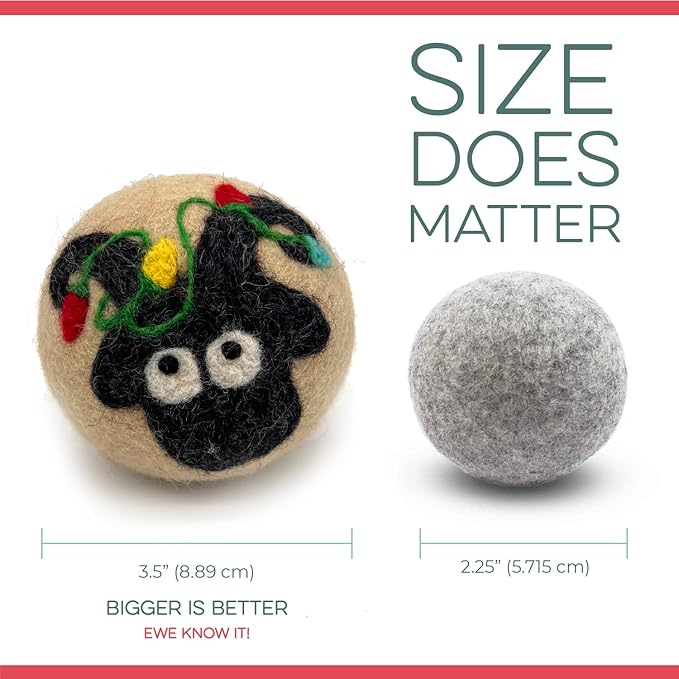 Fluff Ewes Wool Dryer Balls 6 Pack Premium New Zealand Wool Laundry Balls for Dryer, No Static Dryer Balls Laundry Reusable, XL Christmas Dryer Balls, Holiday Dryer Balls - Sheep in Heavenly Peace-Mewly Pet