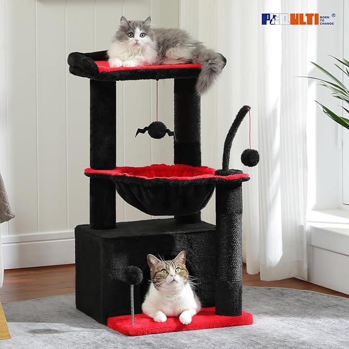 PEQULTI 4-in-1 Gothic Cat Tree, 33'' Cat Tower for Indoor Cats with Large Condo, Cat Scratching Post for Cats with Deep Hammock& Cozy Top Perch,Black-Mewly Pet