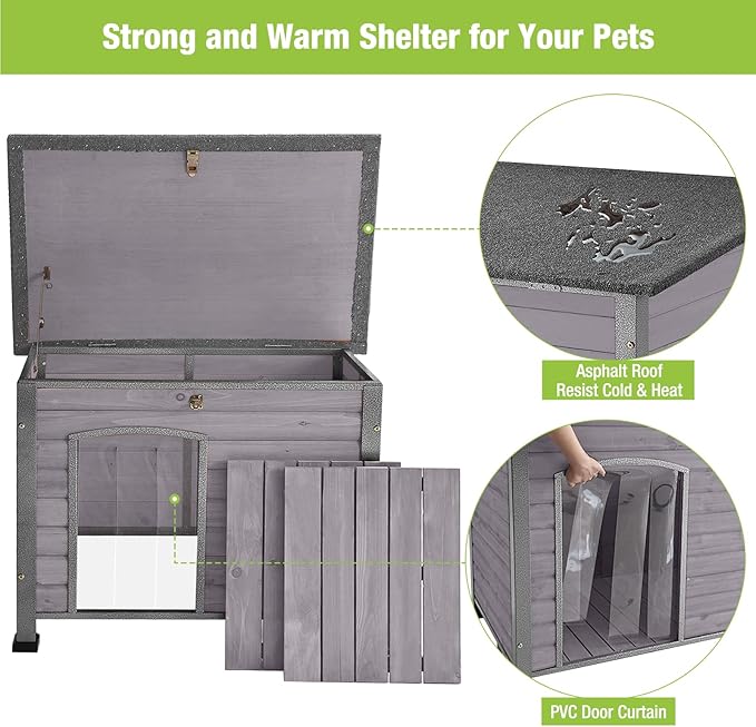 GUTINNEEN Chew Proof Dog House with Metal Iron Frame Outdoor Dog Kennel for Small Medium Large Indoor Dog Cage (43.3" L,Grey Color)-Mewly Pet