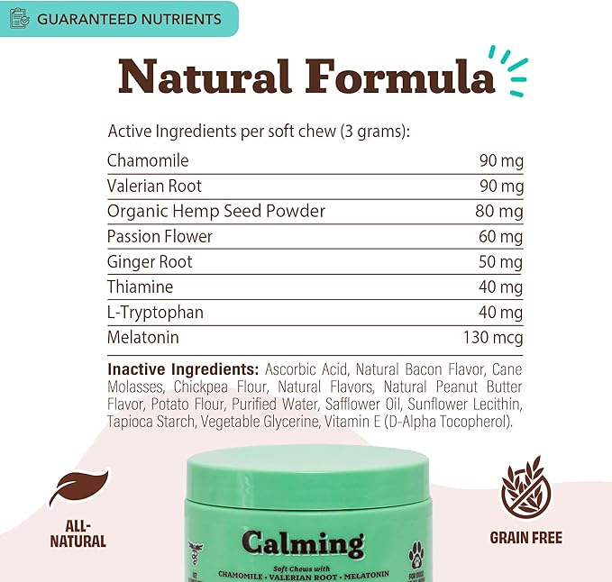 Natural Dog Company Calming Chews for Dogs, Stress & Anxiety Relief Supplement with Chamomile, Valerian Root & Melatonin, Natural Soothing Chews for Travel, Thunder, Fireworks & Separation (90 cnt)-Mewly Pet