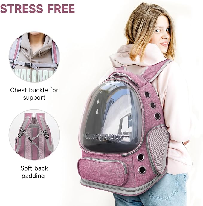 Cat Backpack Carrier, Breathable Cat Carrier Large Space Bubble Pet Backpack for Kitty Small Dog up to 15lbs, Transparent & Foldable Pet Carrier for Travel Hiking（Pink）-Mewly Pet