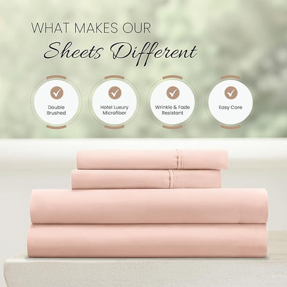 Linen Market Double-Brushed Microfiber California King Sheet Set 4 Piece – Oeko-TEX Certified Ultra Soft & Wrinkle-Free - 16" Deep Pocket Sheets Easy Care Cal-King Size - Blush