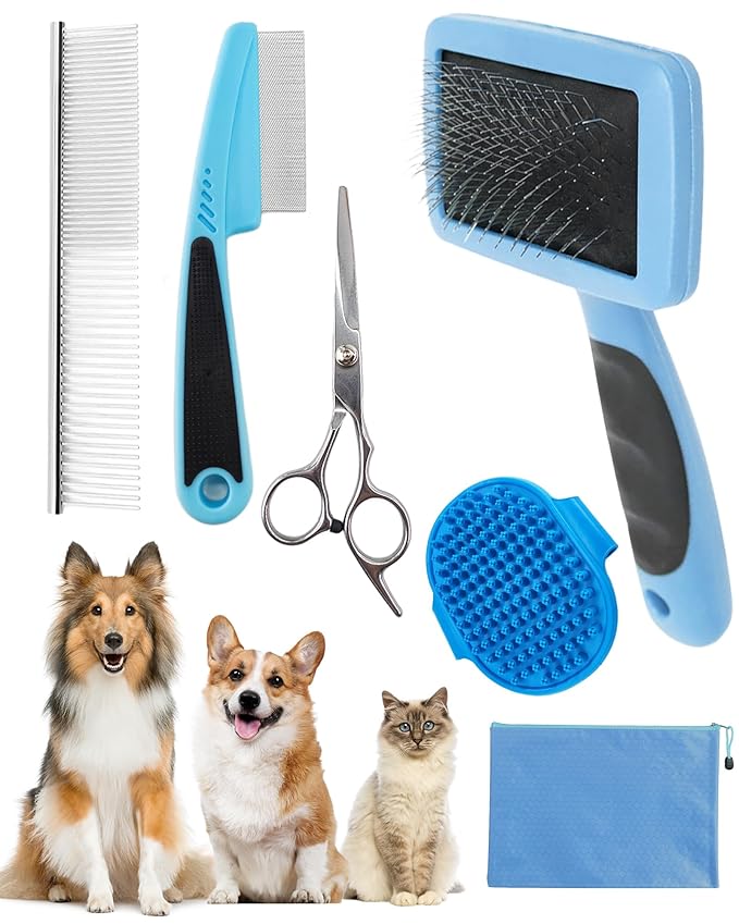Dog Brush for Shedding Grooming,6 Pack Long-Pin Brush Set for Long Haired Dog Cat Goldendoodles Poodles Doodles Blue-Mewly Pet