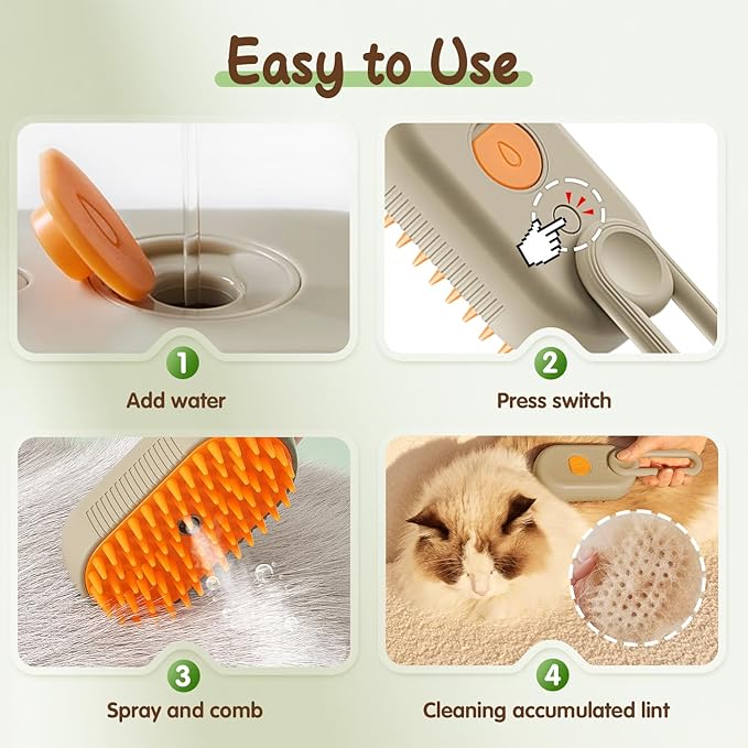 Upgrade Cat Steam Brush, 3 in 1 Pet Steam Groomer Brush, Rechargeable Pet Steam Groomer Comb for Massaging and Cleaning Shedding Pets Hair, Anti-Static Hair Removal Comb for Cats Dogs (Khaki)-Mewly Pet