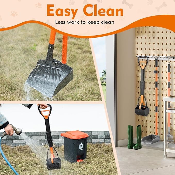 28" Pooper Scooper and 38" Heavy Duty Stainless Steel Rake & Tray Set, 3 in 1 Portable Dog Pooper Scooper Set for Large Medium Small Dogs in Grass, Dirt or Gravel-Mewly Pet