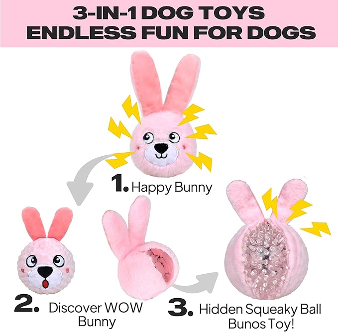 Fida Squeaky Dog Toys for Aggressive Chewers 3 in 1, Dog Chew Toys with 3 Layers,Interactive Dog Toys for Large Dogs Balls to Keep Them Busy for Small Medium Dogs(Pink Bunny)-Mewly Pet